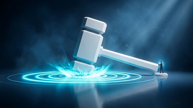 Futuristic digital gavel striking surface with glowing blue energy, 3D legal law hammer illustration, corporate court justice concept background