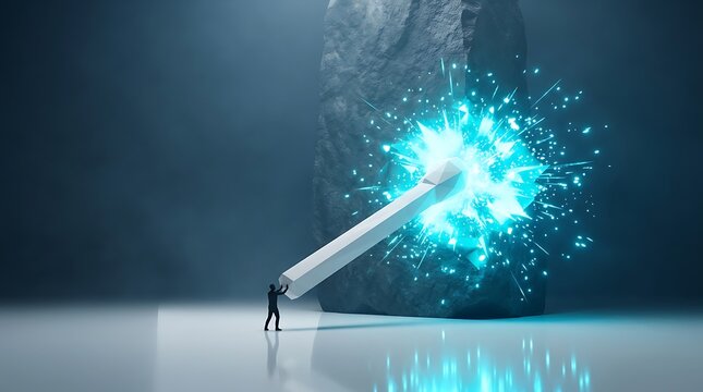 Conceptual business breakthrough illustration, businessman pushing giant lever breaking stone rock, glowing cyan energy explosion concept
