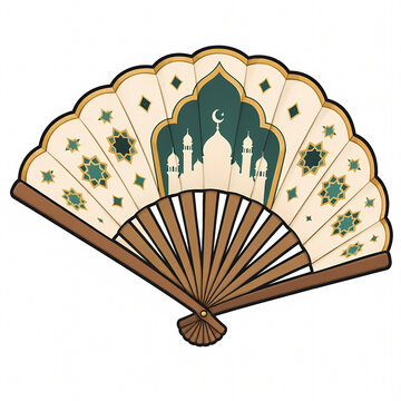 Traditional folding hand fan with Islamic mosque silhouette and geometric star patterns, perfect for Ramadan Kareem, Eid al-Fitr, or cultural Middle Eastern festive celebrations.