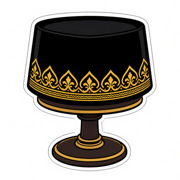 Traditional Southeast Asian Black Peci Cap or Songkok with Gold Ornamental Pattern, Vector Illustration of Male Cultural Headwear for Eid or Formal Occasions, Isolated on White Background