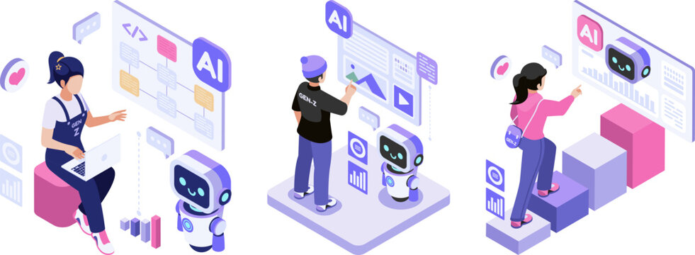 Isometric Gen Z Working with AI Technology