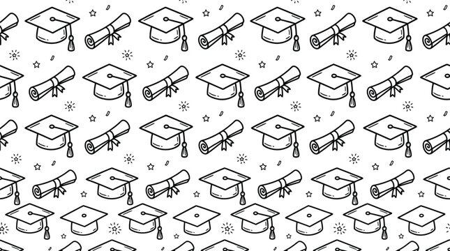 Hand-drawn seamless pattern featuring graduation caps and diplomas for academic education celebrations and school events