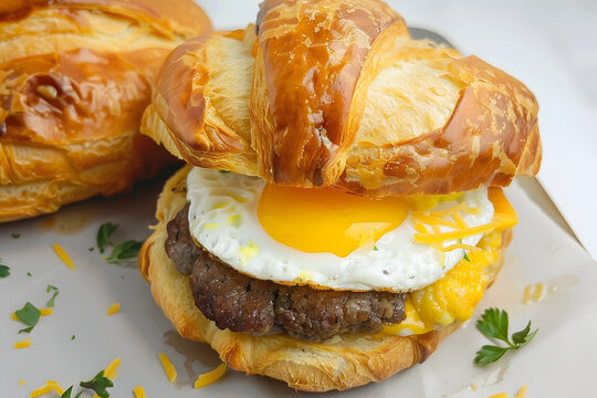 Gourmet breakfast croissant sandwich featuring perfectly fried sunny side up egg with runny yolk, savory grilled sausage patty, and melted cheddar cheese on a buttery flaky toasted pastry.