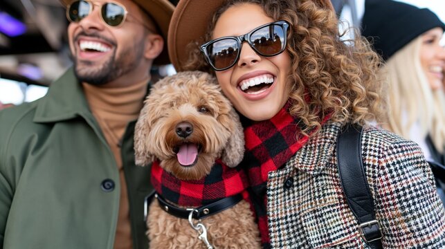 Smiling woman with goldendoodle and man laughing together outdoors during winter
