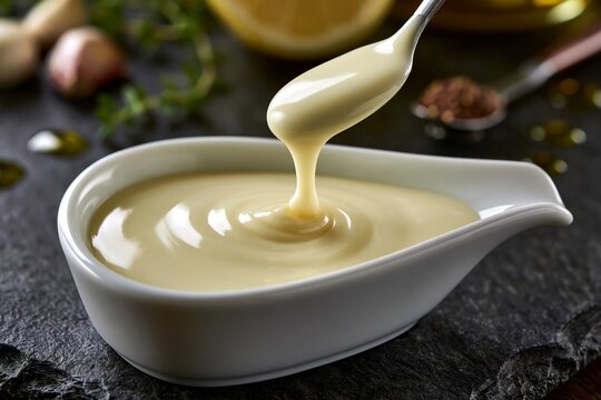 Aioli or mayonnaise pouring into a white gravy boat with garlic and lemon in background