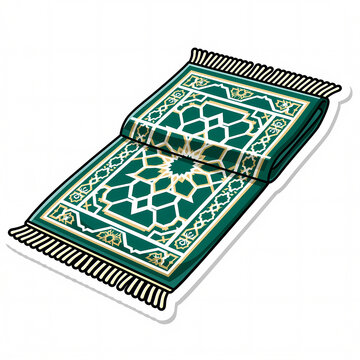 Vector illustration of a folded green prayer mat with traditional Islamic geometric patterns and white fringes, isolated on a white background for Ramadan or religious concepts.