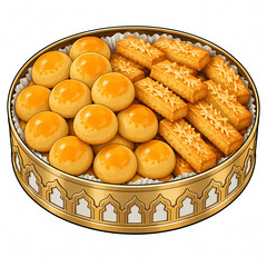 Obraz premium Vector illustration of a golden decorative tray filled with traditional Indonesian cookies, featuring Nastar pineapple tarts and Kastengel cheese sticks for Eid al-Fitr celebration.