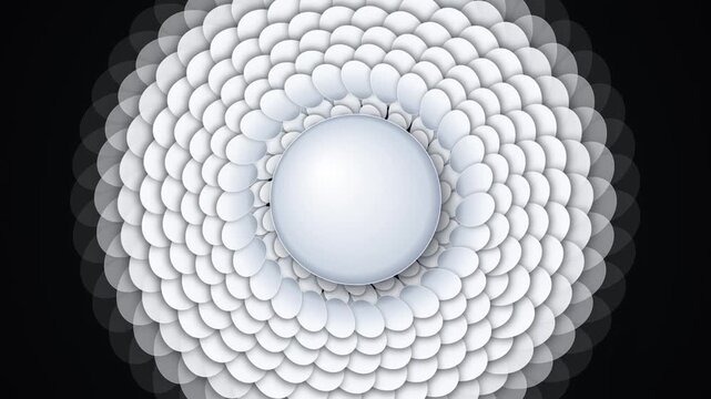 Abstract white circular pattern with overlapping petals and central sphere on black background