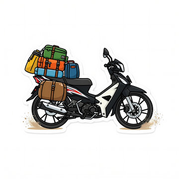 Vector Illustration of a Moped Motorbike Heavily Loaded with Luggage and Bags for Holiday Travel or Mudik Homecoming Tradition, Isolated Cartoon Sticker Style on White Background