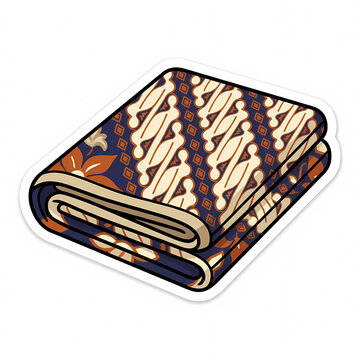 Vector illustration of a neatly folded traditional Indonesian batik sarong fabric featuring classic parang and floral motifs, cultural textile design sticker isolated on white background
