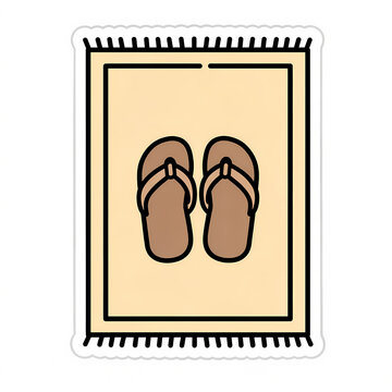 Vector illustration of a pair of brown prayer sandals or flip-flops placed on a traditional prayer rug, religious Islamic worship concept sticker design isolated on white background.