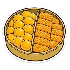 Obraz premium Vector Illustration of a Round Tray Filled with Traditional Indonesian Eid al-Fitr Cookies, Featuring Nastar Pineapple Tarts and Kastengel Cheese Cookies, Isolated on White Background