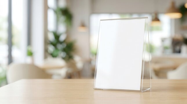 A vertical menu card stand mockup with a soft bokeh cafe background.