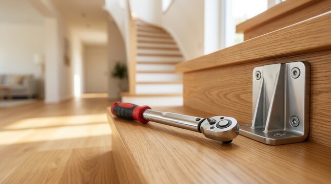 Torque wrench and metal mounting hardware being used for stairlift rail installation on wooden stairs