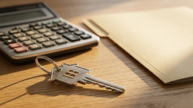 Real estate rental assistance concept featuring a house-shaped key, calculator, and document folder.