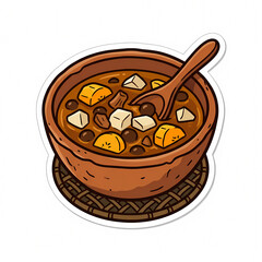 Obraz premium Vector illustration of a traditional bowl of fruit compote with banana and sweet potato in palm sugar syrup, isolated on white background with a sticker style white border design.