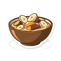 Obraz premium Vector illustration of a traditional bowl of fruit compote or Indonesian Kolak with sliced bananas and sweet potatoes in palm sugar sauce, isolated on a white background for design.