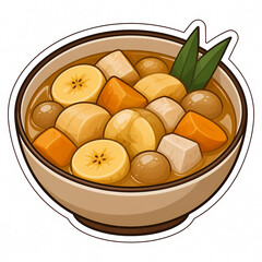 Obraz premium Vector illustration of a traditional Indonesian dessert bowl of Kolak, featuring sliced bananas, sweet potatoes, and aromatic pandan leaves in sweet palm sugar and coconut milk soup.