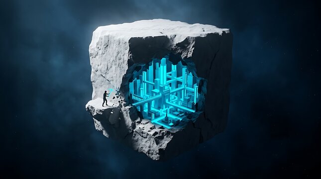 Person standing before a massive floating stone cube revealing a glowing blue digital maze interior