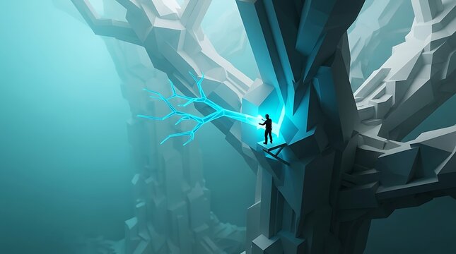 Silhouette of a lone figure interacting with glowing blue digital tree nodes in dark abyss space