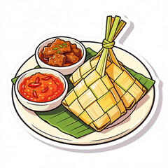 Obraz premium Vector illustration of a traditional plate of ketupat rice cakes with beef rendang curry and spicy sambal chili sauce served on a banana leaf for Eid Mubarak celebration stickers.