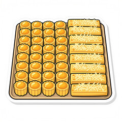 Obraz premium Vector illustration of a tray with traditional Indonesian Lebaran cookies featuring Nastar pineapple tarts and Kastengel cheese sticks, isolated on a white background sticker style