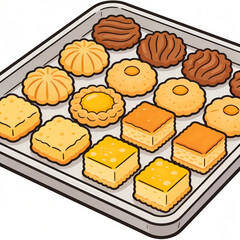 Obraz premium Vector Illustration of a Tray Filled with Assorted Traditional Eid al-Fitr Cookies or Lebaran Snacks, Featuring Pineapple Tarts, Cheese Biscuits, and Butter Cookies for Celebration
