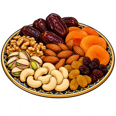 Obraz premium Vector illustration of an ornate ceramic plate filled with assorted dried fruits and nuts including dates, apricots, cashews, almonds, pistachios, walnuts and raisins, isolated on white