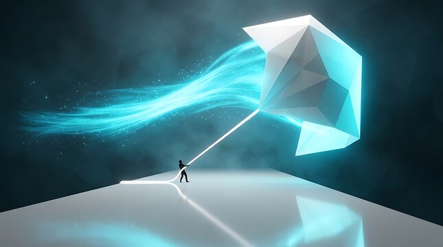 A small figure holds a tether to a floating luminous geometric cube in a dark digital space