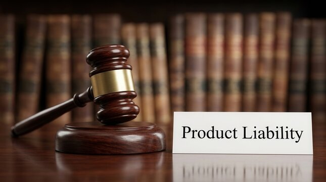 Legal concept of product liability and defective merchandise litigation with a gavel and sign.