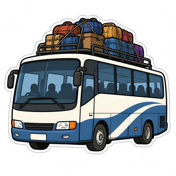 Vector Illustration of a White and Blue Passenger Bus Packed with Colorful Suitcases and Luggage on the Roof Rack, Traveling Concept for Tourism and Public Transportation on White