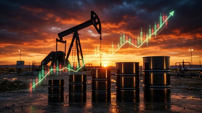 Fuel oil stock market trends featuring rising candlestick charts and oil barrels against a sunset background.