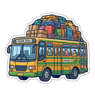 Vector Illustration of a Yellow Public Bus Packed with Suitcases and Boxes on the Roof Rack for Traditional Seasonal Homecoming Trip and Holiday Travel with Passengers Inside