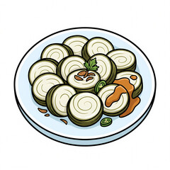 Obraz premium Vector illustration of Indonesian traditional lontong rice cakes served on a white plate with savory peanut sauce, crispy fried shallots, and green chili, isolated on white background.