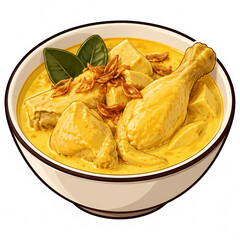 Obraz premium Vector Illustration of Opor Ayam, a Traditional Indonesian Chicken Curry Cooked in Rich Coconut Milk and Spices, Served in a White Ceramic Bowl with Fried Shallots and Herb Garnish.