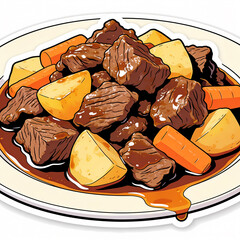 Obraz premium Vector illustration of Indonesian semur beef stew featuring tender braised meat chunks, boiled potatoes, and carrots in a rich savory brown gravy, isolated on a white plate graphic.