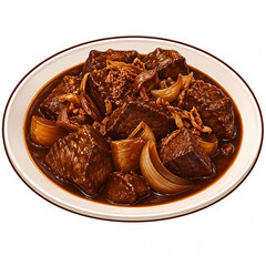 Obraz premium Vector Illustration of Semur Daging or Indonesian Beef Stew with Tender Meat Cubes, Sweet Soy Sauce Gravy, and Fried Shallots Served on a Plate Isolated on White Background