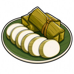 Obraz premium Vector Illustration of Sliced and Whole Lontong Rice Cakes Served on a Plate with Banana Leaf, Traditional Indonesian and Southeast Asian Cuisine for Culinary and Food Design