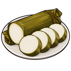 Obraz premium Vector Illustration of Sliced Lontong Indonesian Rice Cake Wrapped in Banana Leaf Served on a Plate, Traditional Southeast Asian Food Isolated on White Background for Culinary Design