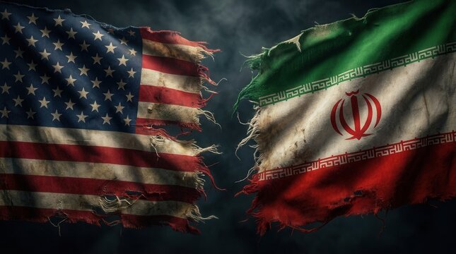 Intense conflict and division between nations represented by torn USA and Iran flags.