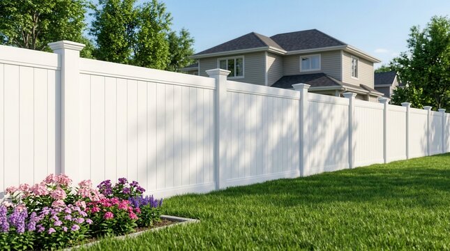 A modern white vinyl privacy fence within a manicured residential garden.