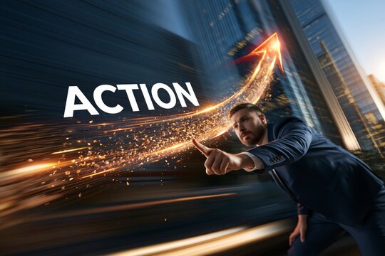 Businessman running fast, pointing forward, with a glowing arrow and the word action representing progress