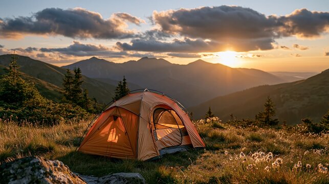 Camping tent pitching in a mountain meadow during a vibrant sunset, offering adventure and wilderness views