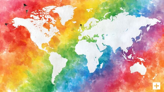 World map showing white continents on a vibrant rainbow watercolor background