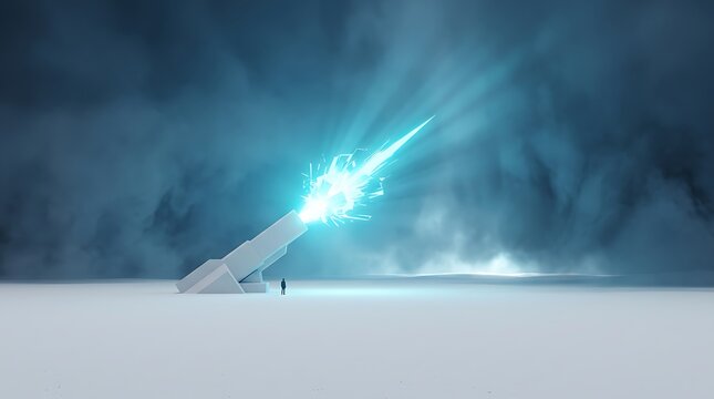 Futuristic glowing energy cannon aiming at the sky emitting a brilliant blue stream of light