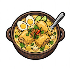 Obraz premium Vector illustration of traditional Indonesian Opor Ayam, a yellow chicken curry with coconut milk, served with boiled eggs, lime, and chili in a clay bowl isolated on white background.