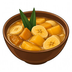 Obraz premium Vector Illustration of Traditional Indonesian Sweet Dessert Called Kolak Pisang, Featuring Sliced Bananas and Sweet Potato Cubes in Palm Sugar Syrup and Coconut Milk Sauce.