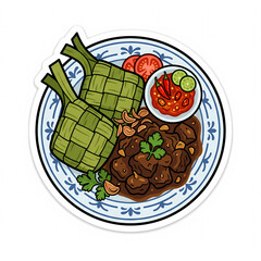 Obraz premium Vector Illustration of Traditional Indonesian Ketupat with Beef Rendang Spicy Sambal and Lime on a Patterned Plate Flat Style Food Sticker Isolated on White for Eid Al-Fitr Celebration