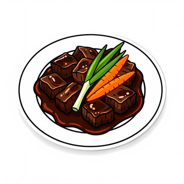 Vector Illustration of Traditional Indonesian Semur Beef Stew with Carrots and Scallions Served on a White Plate, Isolated Sticker Style Graphic for Menu Design and Culinary Projects