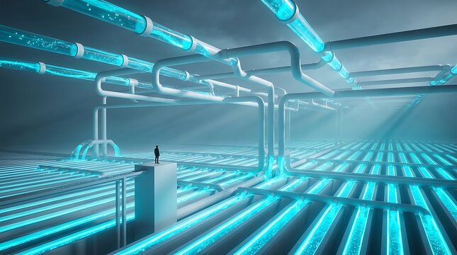 Small silhouette figure standing on a platform amidst a massive network of glowing blue conduits
